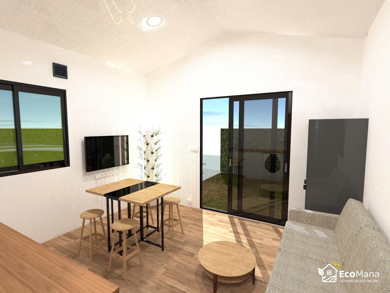 Coin repas avec table haute, télévision murale et tour aéroponique