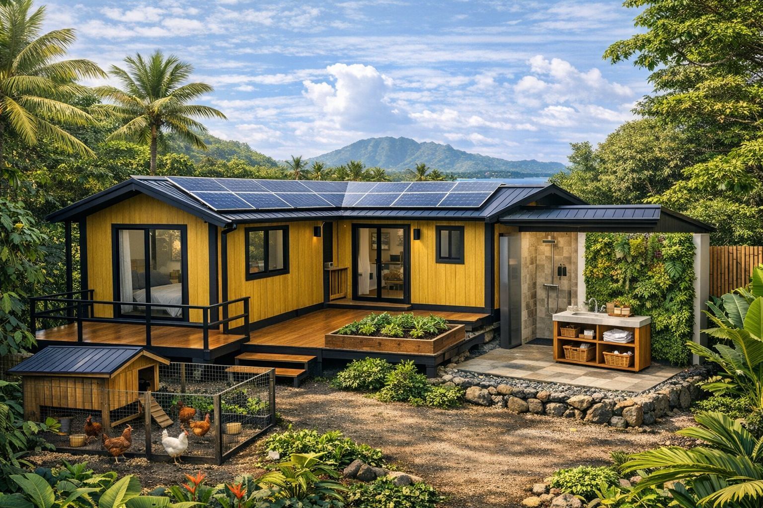 Deux modules en L autour d'un deck, avec solaire et poulailler