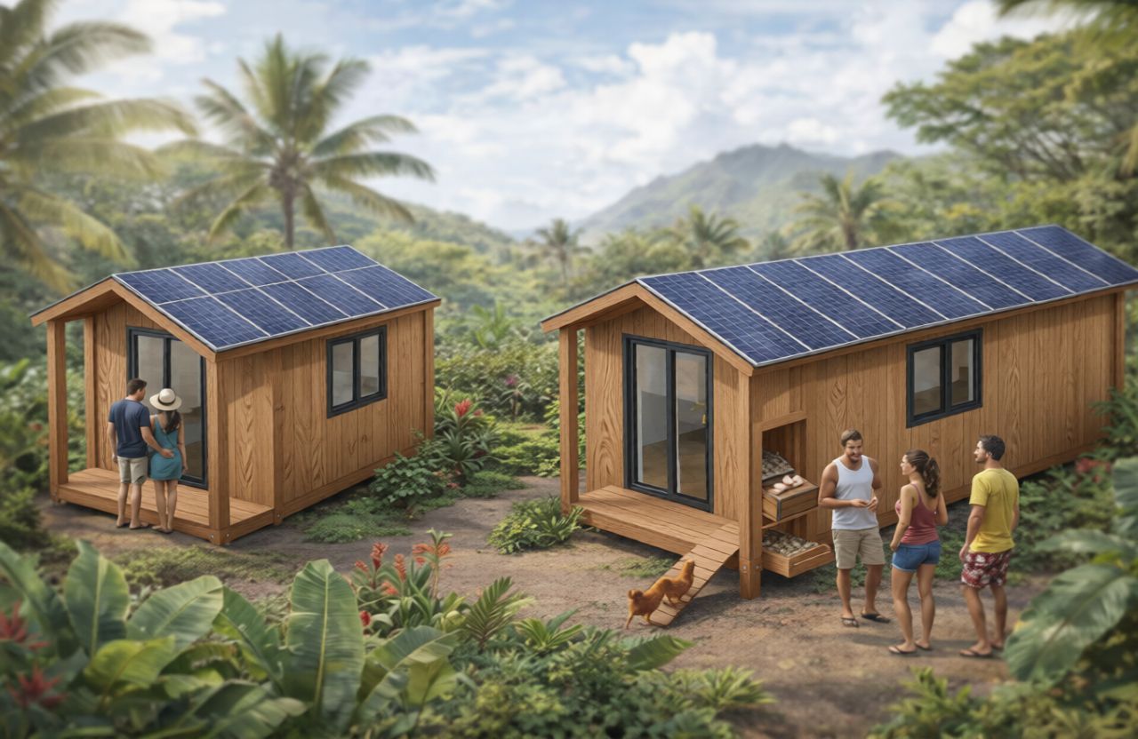 Deux modules en habillage bois, panneaux solaires sur le toit