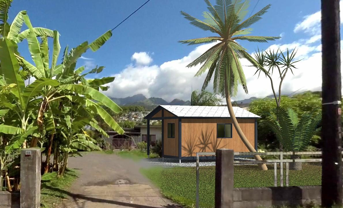 Photomontage d'un module posé sur un terrain réel à Tahiti, derrière un portail